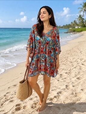 Printed Beach Cover-Up Tunic in Multi-Color